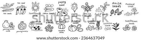 Collection of seeds icons. Outline vector hand drawn illustrations on white background. Black and white color. Royalty-Free Stock Photo #2364637049