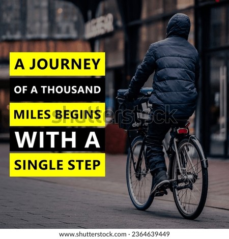 Inspirational positive quote " A journey of a thousand miles begins with a single step" with road and milestone in a sunset background. A man Riding a Bicycle on the road with moving FootSteps.