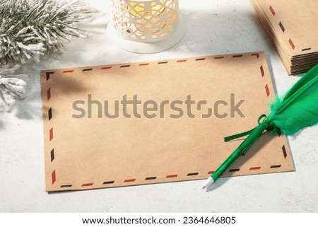 Letter for santa claus on table with copy space, template for designer, blank envelope