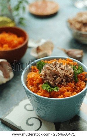 Houria, cooked carrot salad, a traditional dish of Tunisian cuisine Royalty-Free Stock Photo #2364660471