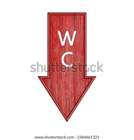 Red arrow. Arrow pointer down with the inscription wc. Wooden pointer in the shape of an arrow isolated on a white background
