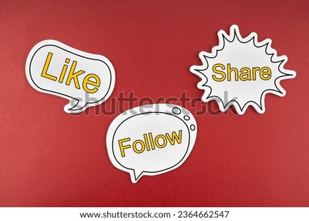 Like, Follow and Share text on speech bubble on the red background.