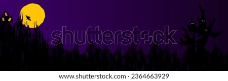 Vector Halloween background horizontal banner with bat, terrible house, tree, eyes glow, moon, bushes Happy Halloween day spooky Art template. Elements for web, cover, landing page. Horror person.