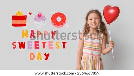 Little girl with heart shaped balloon on light background. Happy Sweetest Day 