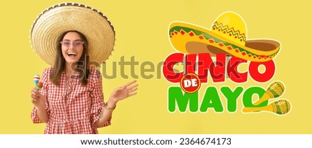 Beautiful Mexican woman with maracas and text CINCO DE MAYO (the Fifth of May) on yellow background