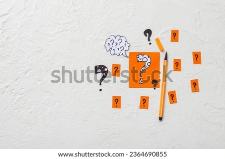 Quiz card with bubble speech and different question marks on white background