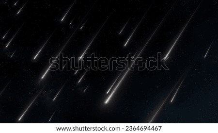 Star rain at night. Meteor shower in the sky, amazing starfall. Falling fireballs. Bright meteorites reached the Earth.