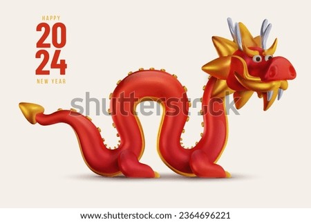 3d cute chinese red dragon in cartoon realistic style. Funny festive traditional character concept design for background banner, cover. Holiday art element or symbol new year. Vector illustration.