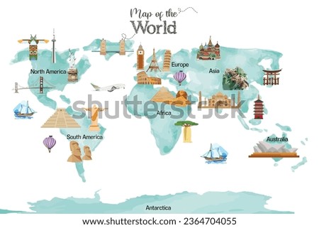 Landmarks Map of The World Poster: Educational Watercolor Print Royalty-Free Stock Photo #2364704055