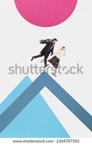 Contemporary art collage. Happy couple in winter clothes walking in mountains. Active leisure lover. Concept of winter season, sport, holiday, happiness, joy and fun, vacation. Poster, ad