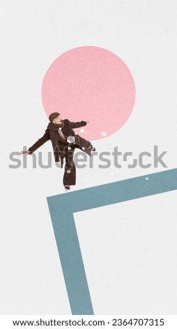 Contemporary art collage. Happy young man in vintage winter outfit having fun in snow in mountains. Active leisure lover. Drawn style. Concept of winter season, holiday, happiness, vacation. Poster