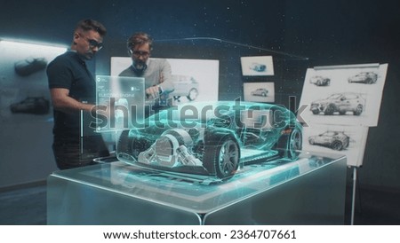 Two professional automotive engineers choose body of new eco-friendly electric car using futuristic augmented reality hologram. 3D computer graphics of vehicle high-tech developing. VFX animation.