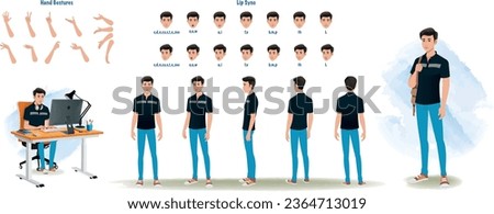 Set of man character design. Character Model sheet. Front, side, back view animated character. Man character creation set with various views, poses and gestures. Cartoon style, flat vector isolated Royalty-Free Stock Photo #2364713019
