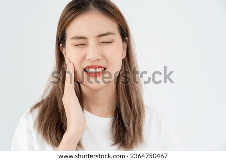 Asian woman feel toothache from gingivitis, female suffer tooth, decay problems, dental care. sensitive tooth, decay problem, bad breath, Gingival Recession, Oral Hygiene instruction, tooth extraction Royalty-Free Stock Photo #2364750467