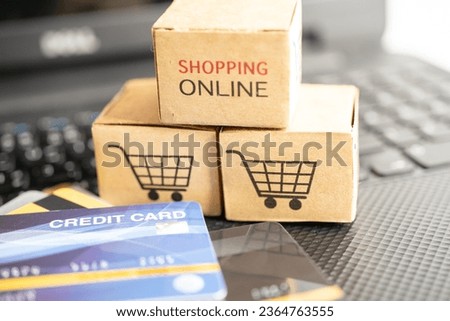 Shopping cart logo on box with credit card. Banking Account, Investment Analytic research data economy, trading, Business import export transportation online company.