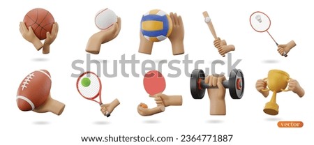 3d hand hold equipment for different kinds of sports icon set, Badminton, American Football, Baseballs, Basketball, Dumbell, Pingpong,  Shot Put, Tennis, Volelyball, Winner , vector illustration