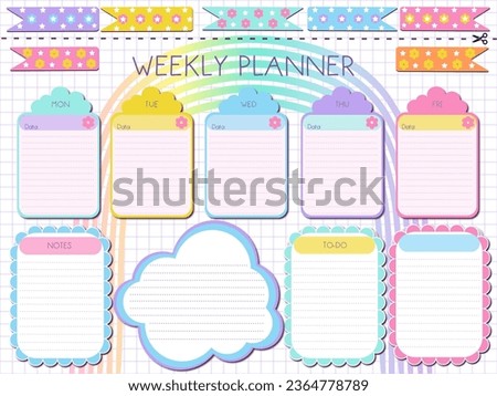 Weekly planner inspiration notepaper design printable .  White pink pages for tags , weekly notes,  to do list minimal style with flower tags cartoon character  Royalty-Free Stock Photo #2364778789