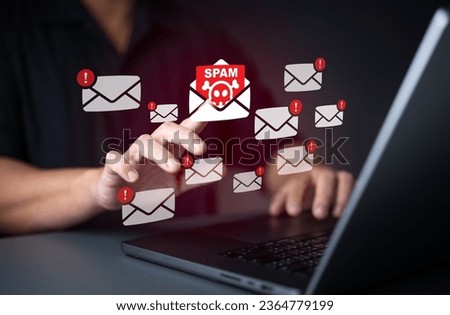 Cyber security awareness. Suspect emails alert. E-mail inbox with spam virus message caution sign for notification on internet threat security. Harmful, Trash and junk mail, Spam mail pop-up warning. Royalty-Free Stock Photo #2364779199