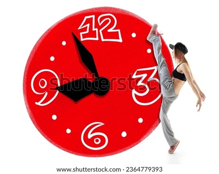 Time of great beginnings is every morning. Teen girl takes big step against the background of schematically drawn clock face over white background. Schedule and mode of the day concept
