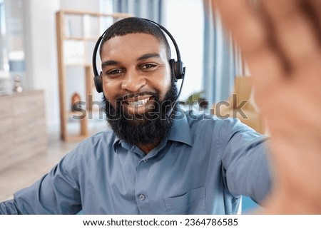 Man, call center and selfie with smile, portrait and post on web blog, profile picture and telemarketing job. African CRM, consultant or tech support agent with memory, photography or social media