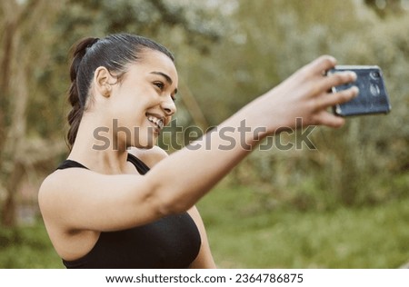 Happy woman, fitness and smile in nature for selfie, photography or outdoor memory and exercise. Active or sporty female person taking photograph, picture or online social media vlog after workout