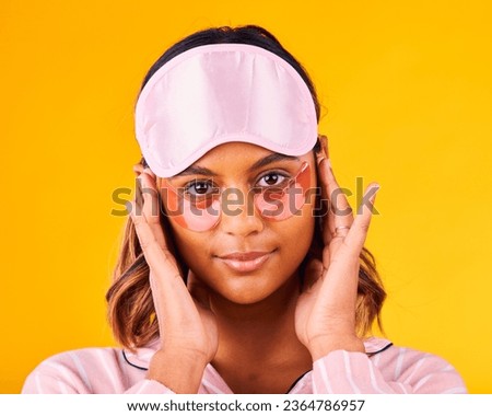Beauty, morning and portrait of woman with skincare patch for eyes isolated in studio yellow background for dermatology. Facial, detox and young person calm for care and relax with cosmetic mask