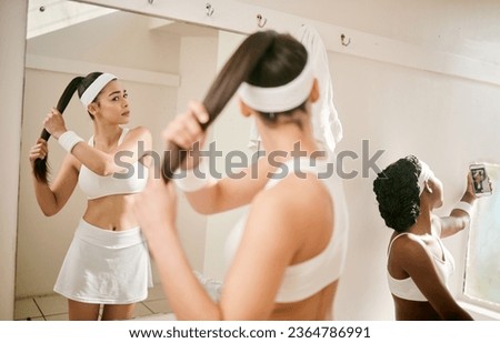 Tennis, selfie and women in change room of sports club with picture for social media wellness and fitness post. Mirror, training and influencer friends live streaming online together at exercise