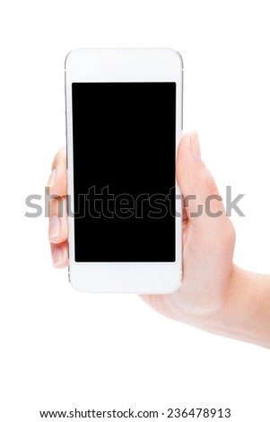 Hand holding White Smartphone with blank screen on white background