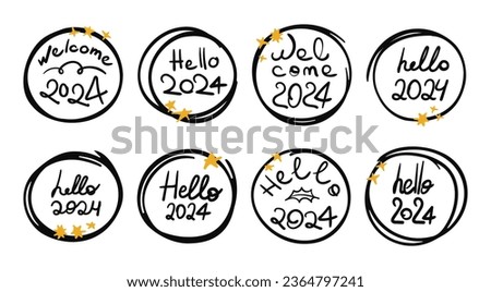 Hello 2024 doodle sticker set. Handwritten phrase with doodle circle, scribble stars. Black and gold clip art collection. Vector illustration isolated on transparent background
