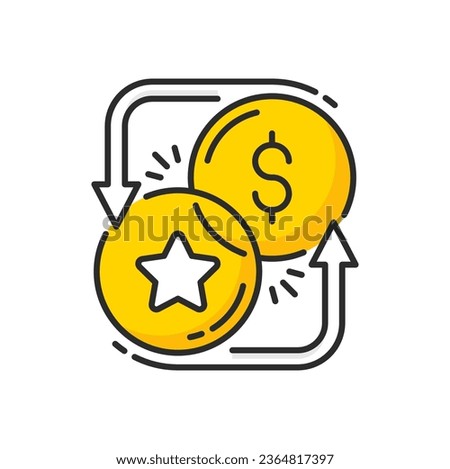 Loyalty point and money coins with exchange arrows icon. Vector special benefits, bonus points, prize reward or gift transfer line symbol of gold token and dollar coins, customer loyalty incentive Royalty-Free Stock Photo #2364817397