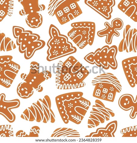 Seamless vector New Year's Eve pattern on white background. New Year gingerbread in the form of Christmas trees, houses and little people  Royalty-Free Stock Photo #2364828359