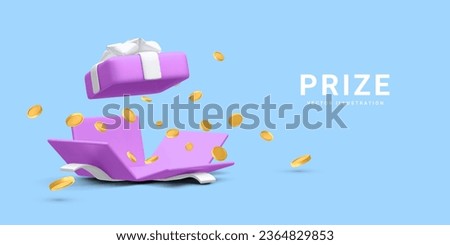3d realistic open gift box and falling gold coins.  Concept for cryptocurrency bonus. You win prize. Vector illustration Royalty-Free Stock Photo #2364829853