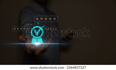 Businessman hand showing check mark digital technology icon symbol. Top quality assurance service concept, product performance assurance, and industry leading ISO certification.