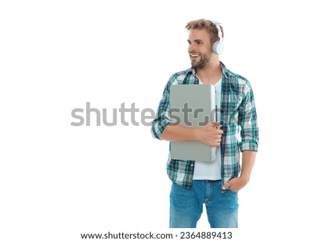photo of millennial man student with laptop, copy space. millennial man student isolated on white