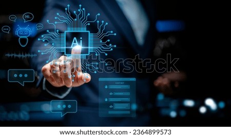 Businesswomen pointing to Artificial intelligence AI circuit boards, Chatbot assistant conversation online support marketing, AI generate robot automation machine learning, Futuristic technology.