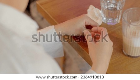 Close-up woman hands, discourse time. Gesture nonverbal form of communication during conversation that convey meanings, emotions, ideas. Gestures enhance spoken language, young woman body details.  Royalty-Free Stock Photo #2364910813