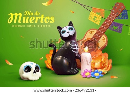 3D Day of the dead poster. Black cat in mask surrounded by sugar skull, candle flowers, and guitar on green background with marigold petals and paper flag decorations.
