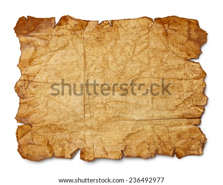 Worn Wrinkled and Ripped Old Brown Paper Isolated on White Background.