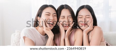 Closeup portrait of young beautiful asian group of friends girl in morning makeup routine. Beauty blogger woman with perfect glow skin dress up. Health care woman, together lifestyle cosmetic blogger