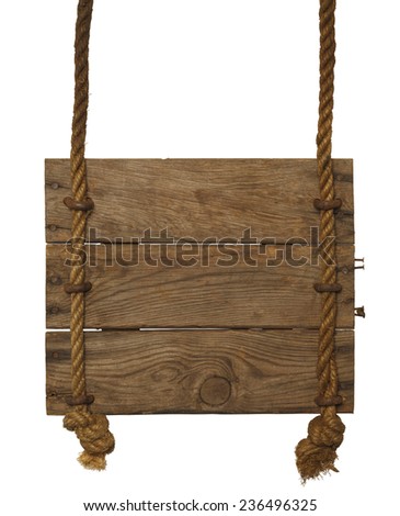 Wood Sign Hanging From Ropes Isolated on White Background.