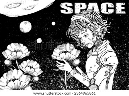 Beautiful Space Girl holding a flower in her hands. Zentangle style. Black and white doodle coloring book page for adult and children.
