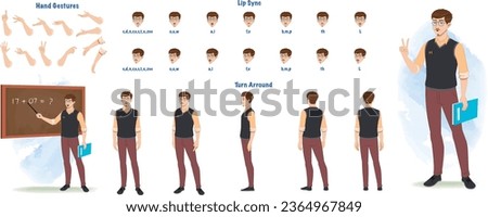 Set of male teacher design. Character Model sheet. Front, side, back view animated character. Teacher character creation set with various views, poses and gestures. Cartoon style, flat vector isolated Royalty-Free Stock Photo #2364967849