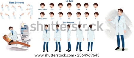 Set of dentist character design. Character Model sheet. Front, side, back view animated character. Male dentist character creation set with various views, poses and gestures. Cartoon style, flat vecto