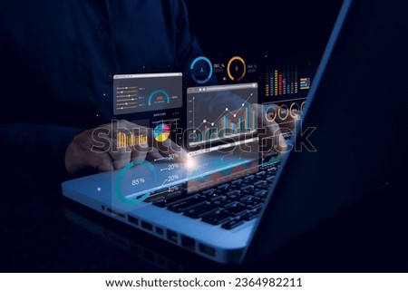 Analyst working with computer in Business Analytics and Data Management System  with KPI and metrics connected to the database for technology finance, operations, sales, marketing. Data analysis.Ai Royalty-Free Stock Photo #2364982211