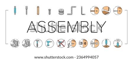 assembly furniture instruction icons set vector. manual diy, man home instructions, repair tools construction, house assemble screw assembly furniture instruction color line illustrations Royalty-Free Stock Photo #2364994057