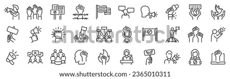 Set of 30 outline icons related to activism, protest. Linear icon collection. Editable stroke. Vector illustration Royalty-Free Stock Photo #2365010311