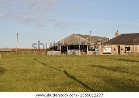 View of Barn and Farm Buildings in Open Field on Sunny Day  Royalty-Free Stock Photo #2365012297
