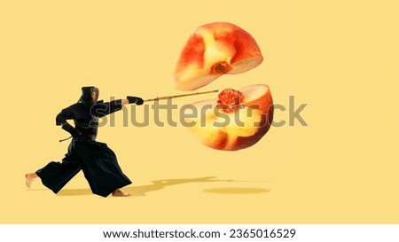 Active young man, kendo athlete cutting peach over yellow background. Contemporary art collage. Banner. Concept of food and sport, surrealism, nutrition and diet, health. Creative design