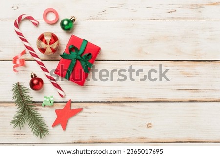 Christmas flat lay composition on wooden background, top view