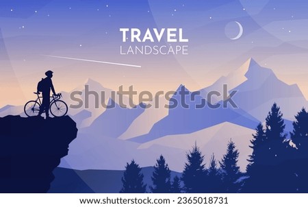 Cyclist on top of a mountain. Mountain bike. Travel concept of discovering, exploring. Cycling. Adventure tourism. Polygonal flat design for coupon, voucher, gift card. Minimalist vector illustration Royalty-Free Stock Photo #2365018731